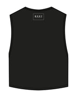 The Crop Muscle Tank - Black - Body Restoration - Front Right Stacked & Back Center Neckline - Printed - White