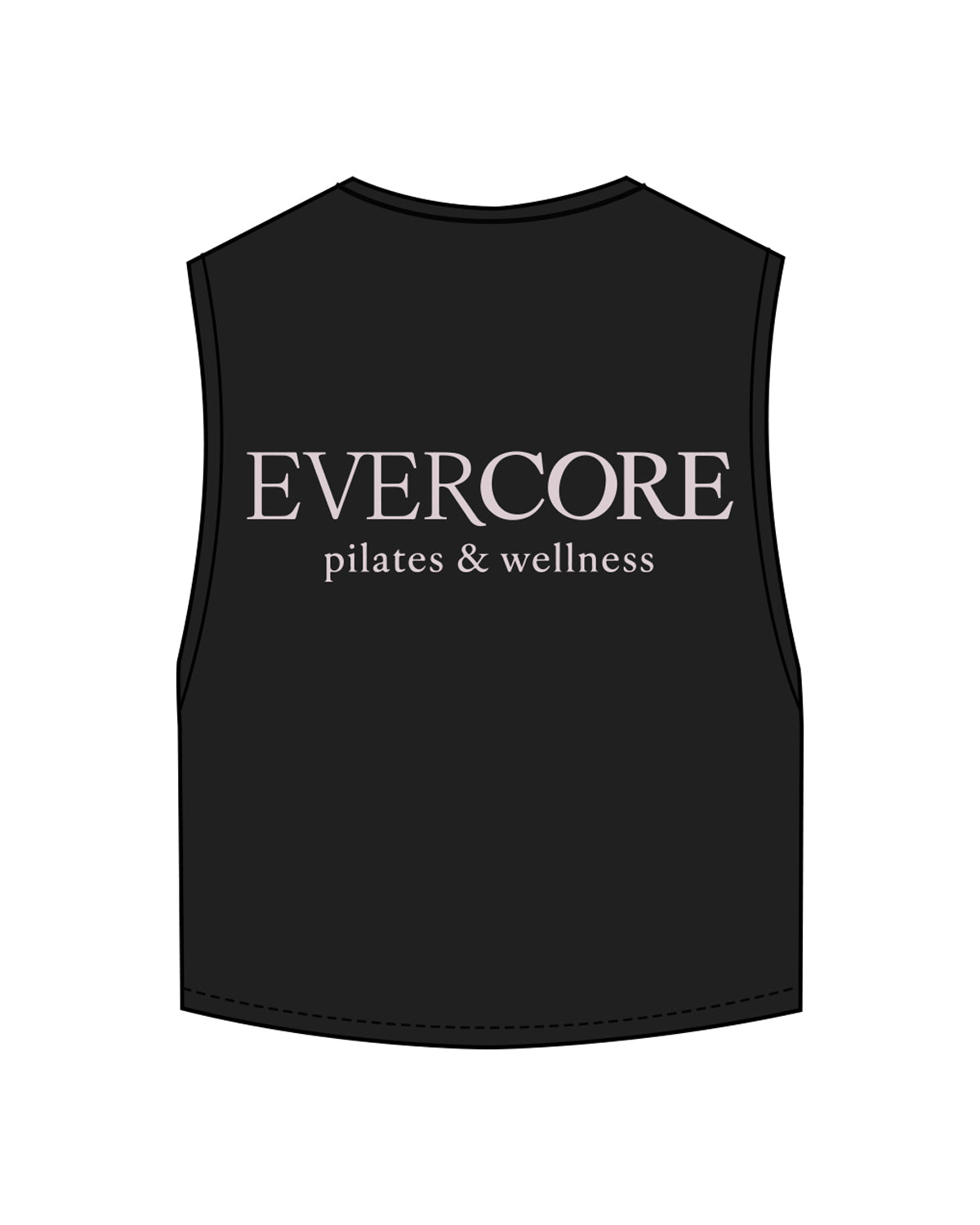 The Crop Muscle Tank - Black - EVERCORE - Left Chest Icon & Back Center Stacked - Light Pink