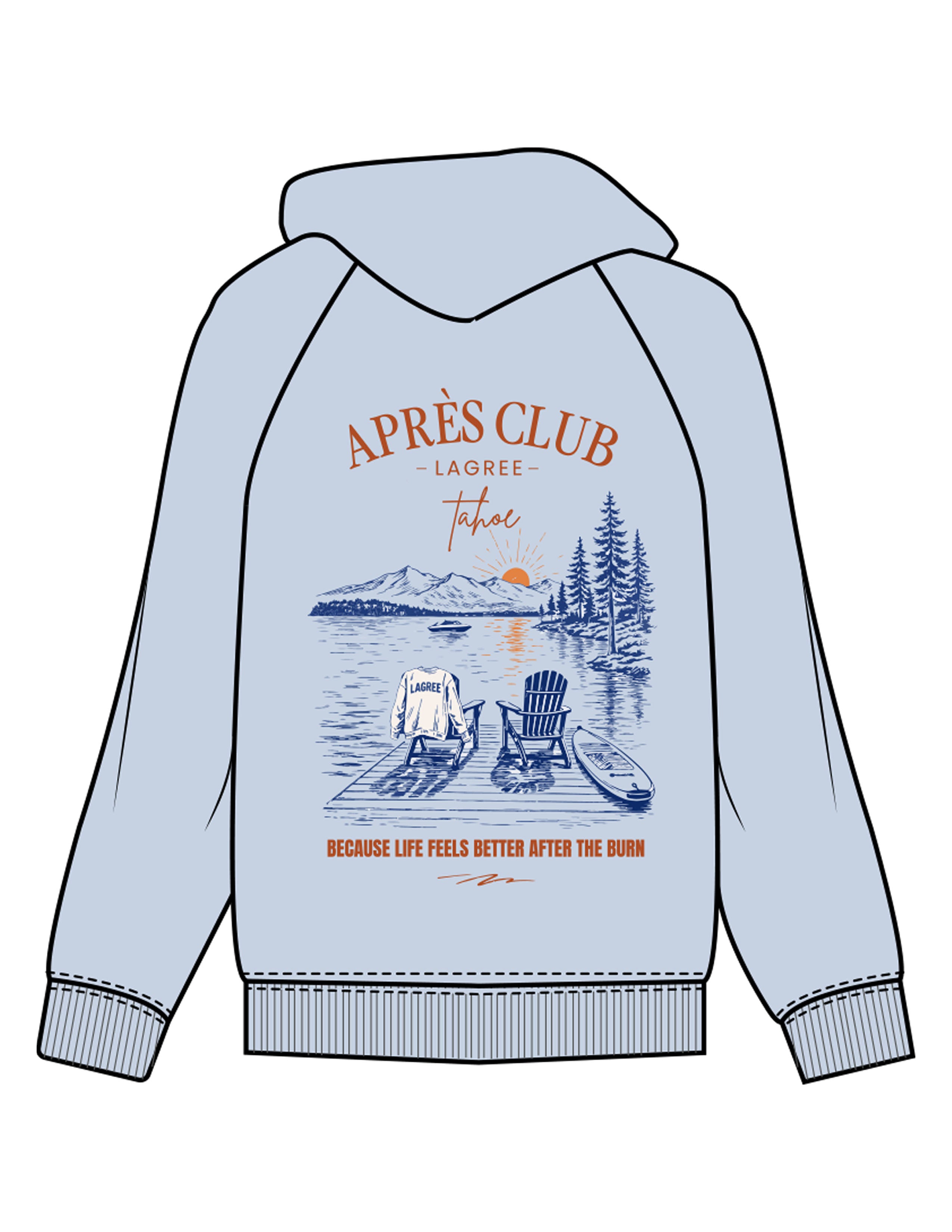 The Womens Hoodie - Powder - Lagree Tahoe - Left Chest Stacked & Back Illustration - Printed - Full Color