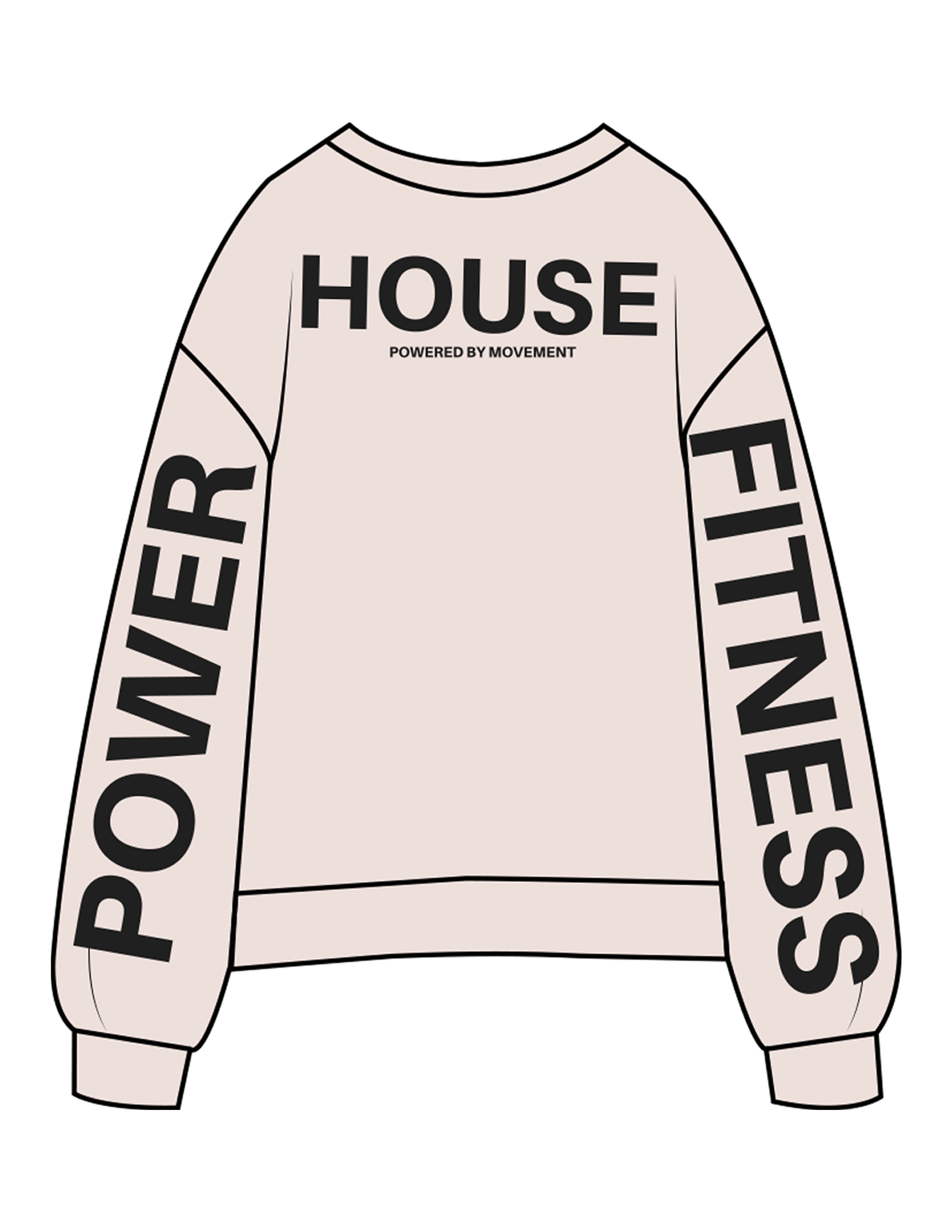 The Midweight Unisex Crewneck - Washed Ivory - Powerhouse Fitness - Upper Back - Back Left & Right Sleeves - Printed - Black