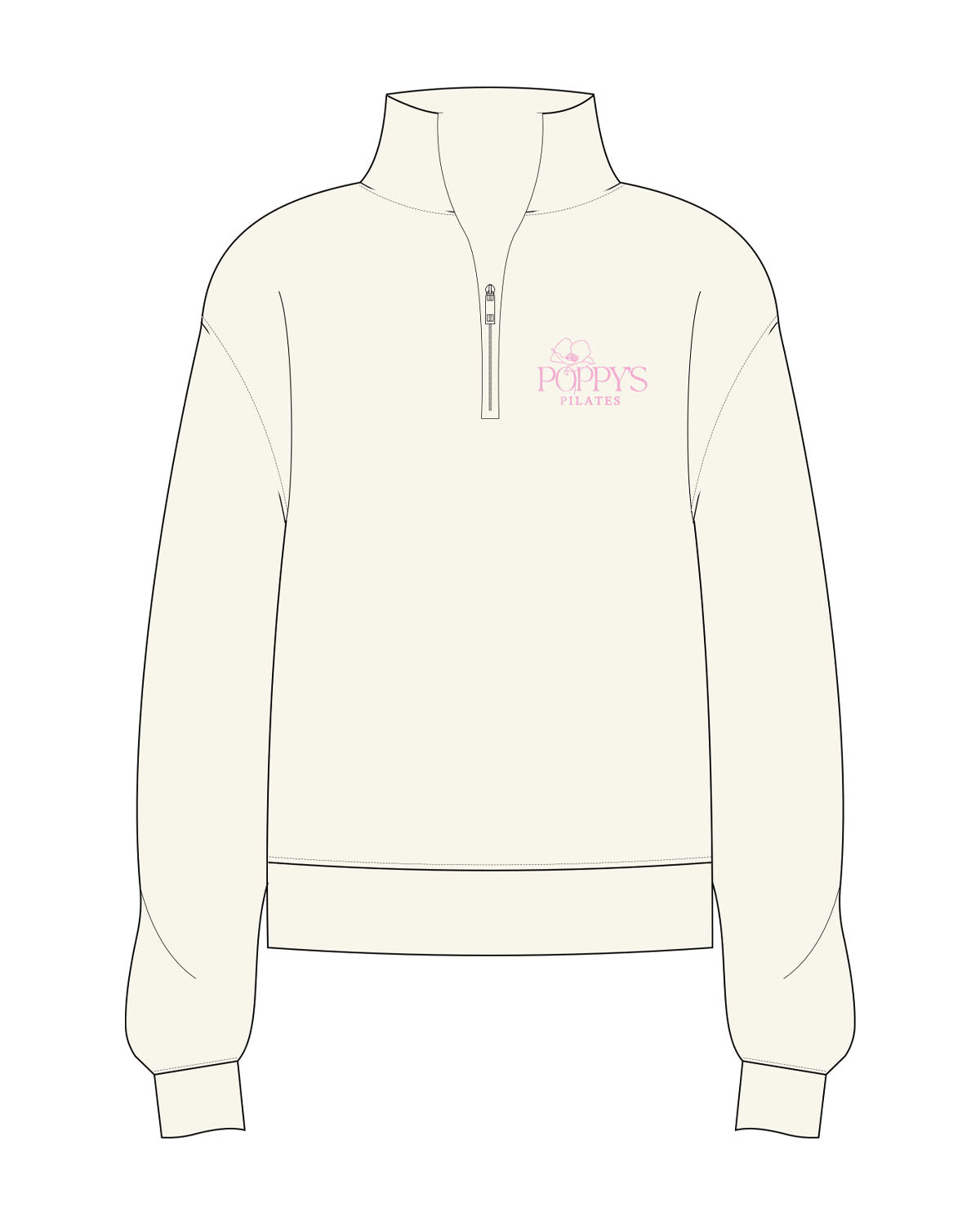The Womens 1/4 Zip - Off White - Poppys Pilates - Left Chest Stacked Logo - Embroidered - Pink