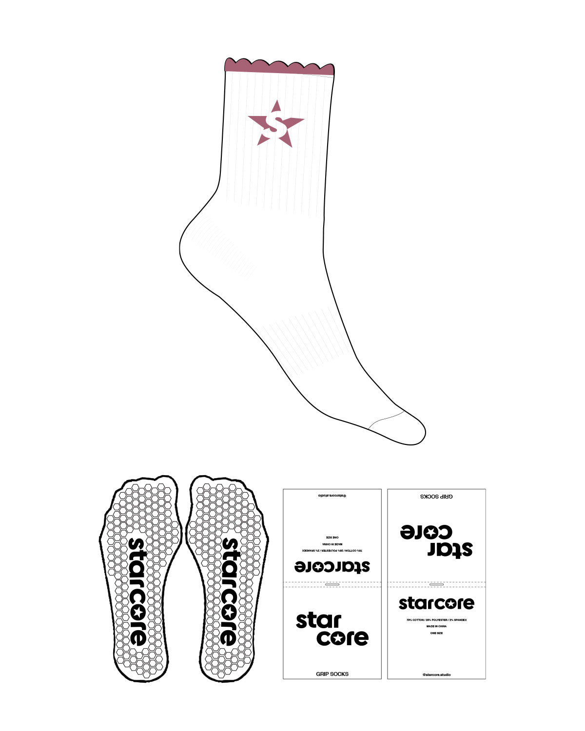The 3/4 Crew Sock - White - StarCore - Top Logo Star - Berry - Hexagon Grip - Berry