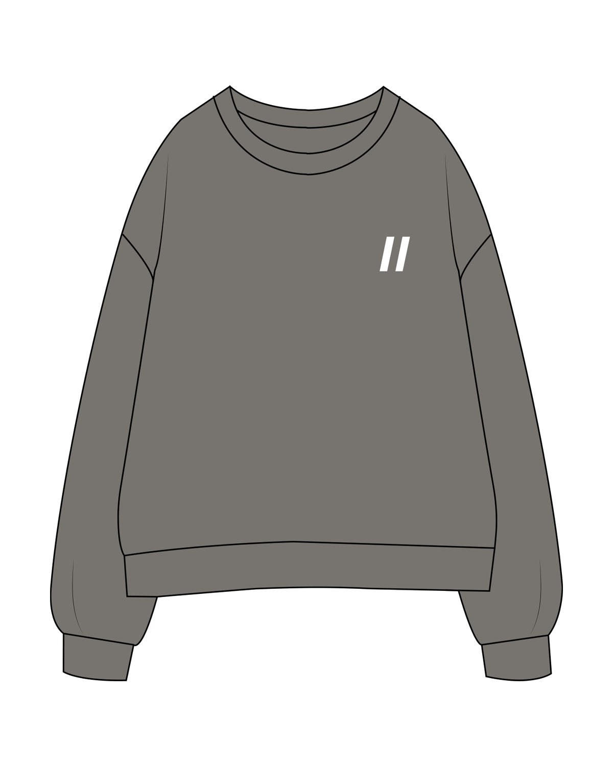 The Womens Crewneck - Washed Gray - Fit 5 - Left Chest & Back Stacked - Printed - White