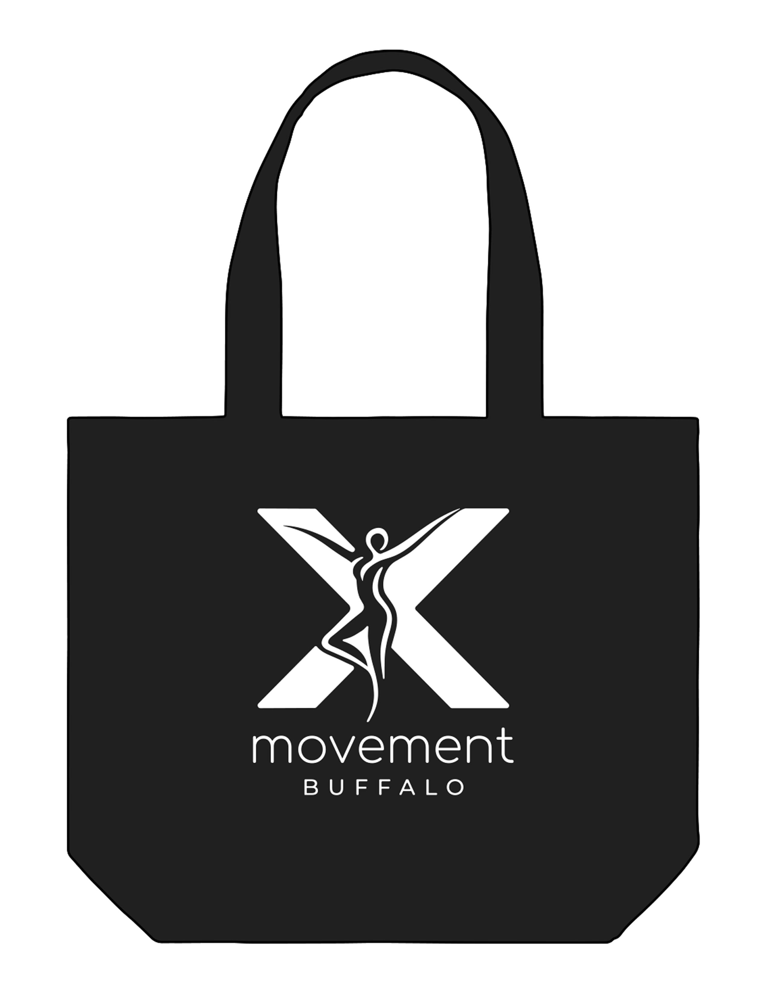 The Tote Bag - Black - Movement Pilates Buffalo - Center Body " X BUFFALO" - Printed - White
