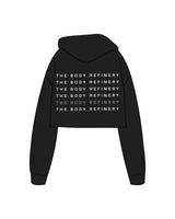 The Crop Terry Hoodie - Black - The Body Refinery - Center Chest & Back Stacked - White