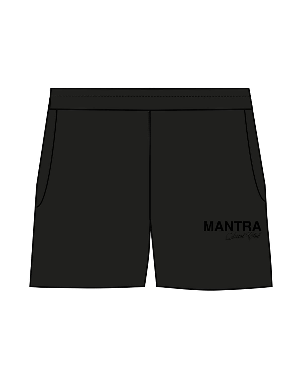 The Womens Sweat Shorts - Black - Mantra - Left Leg Pocket Stacked - Printed -  Tone on Tone