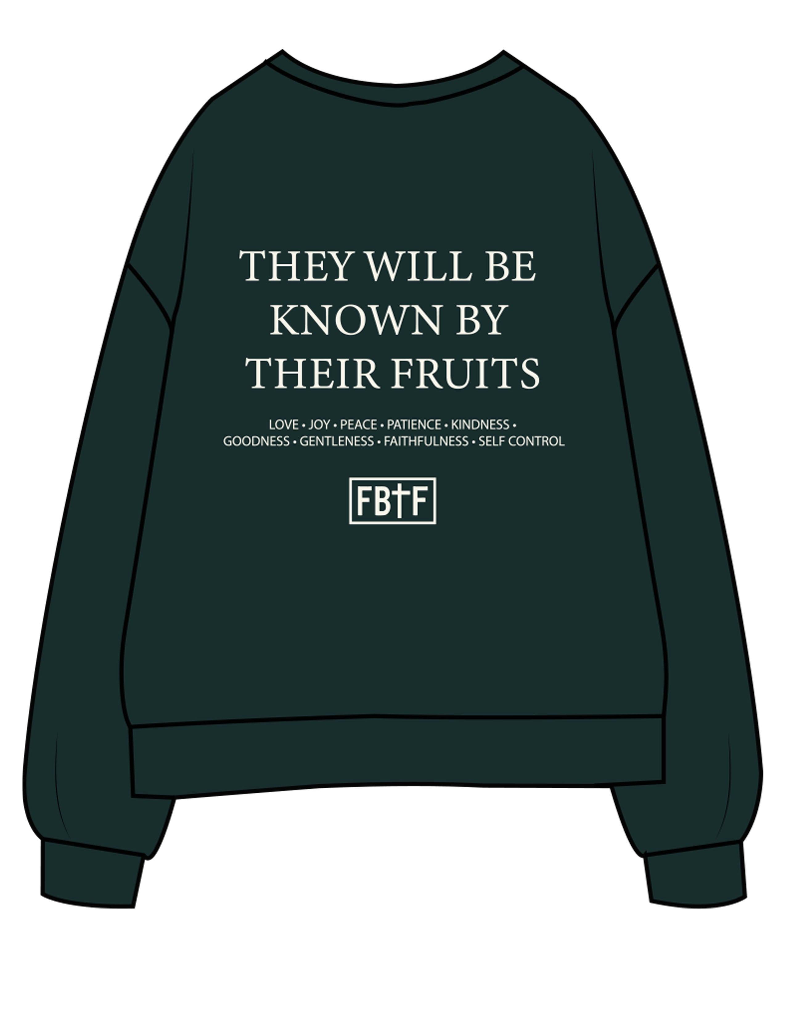 The Mens Classic Crewneck - Pine Green - Fed By The Fruit - Chest Stacked & Back Stacked - Printed - Off White