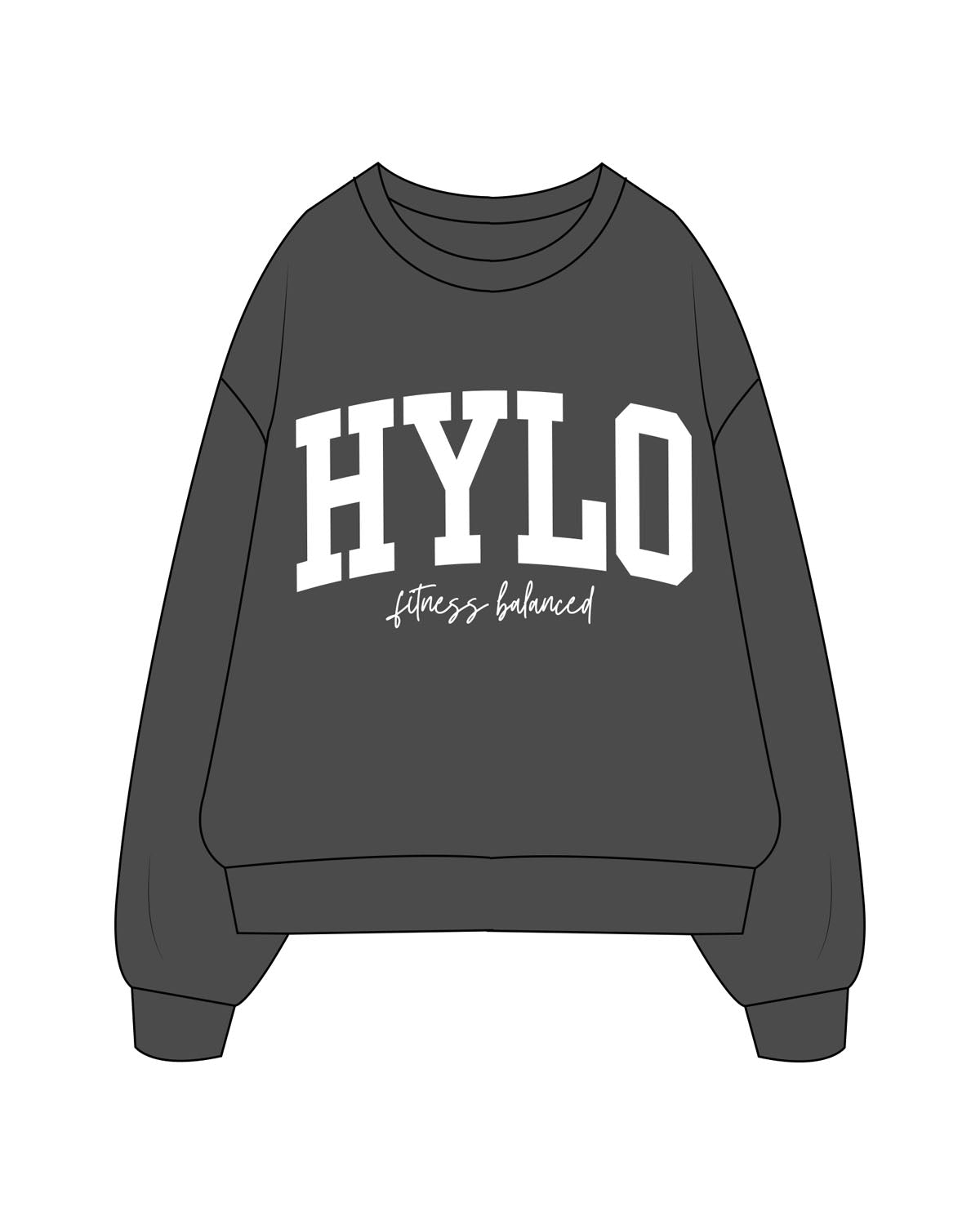 The Womens Crewneck - Washed Black - Hylo Fitness - Chest Stacked - Printed - White
