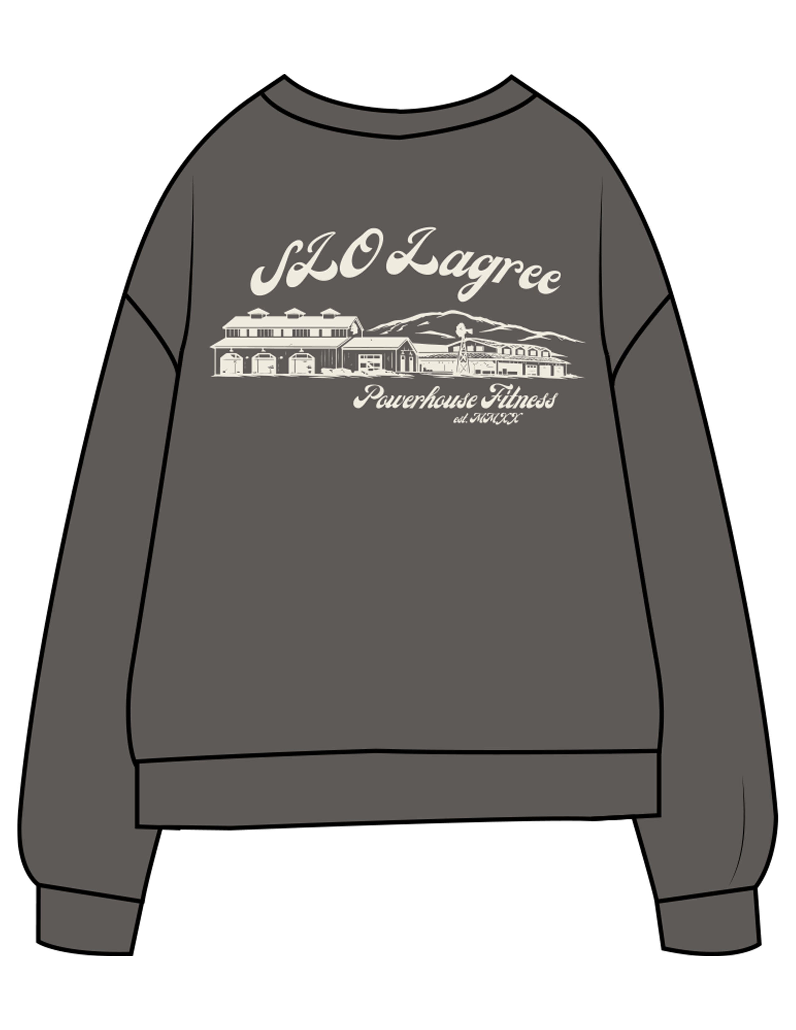 The Midweight Unisex Crewneck - Washed Black - Powerhouse Fitness - Left Chest EMB & Back Stacked "LAGREE" Printed - Off White