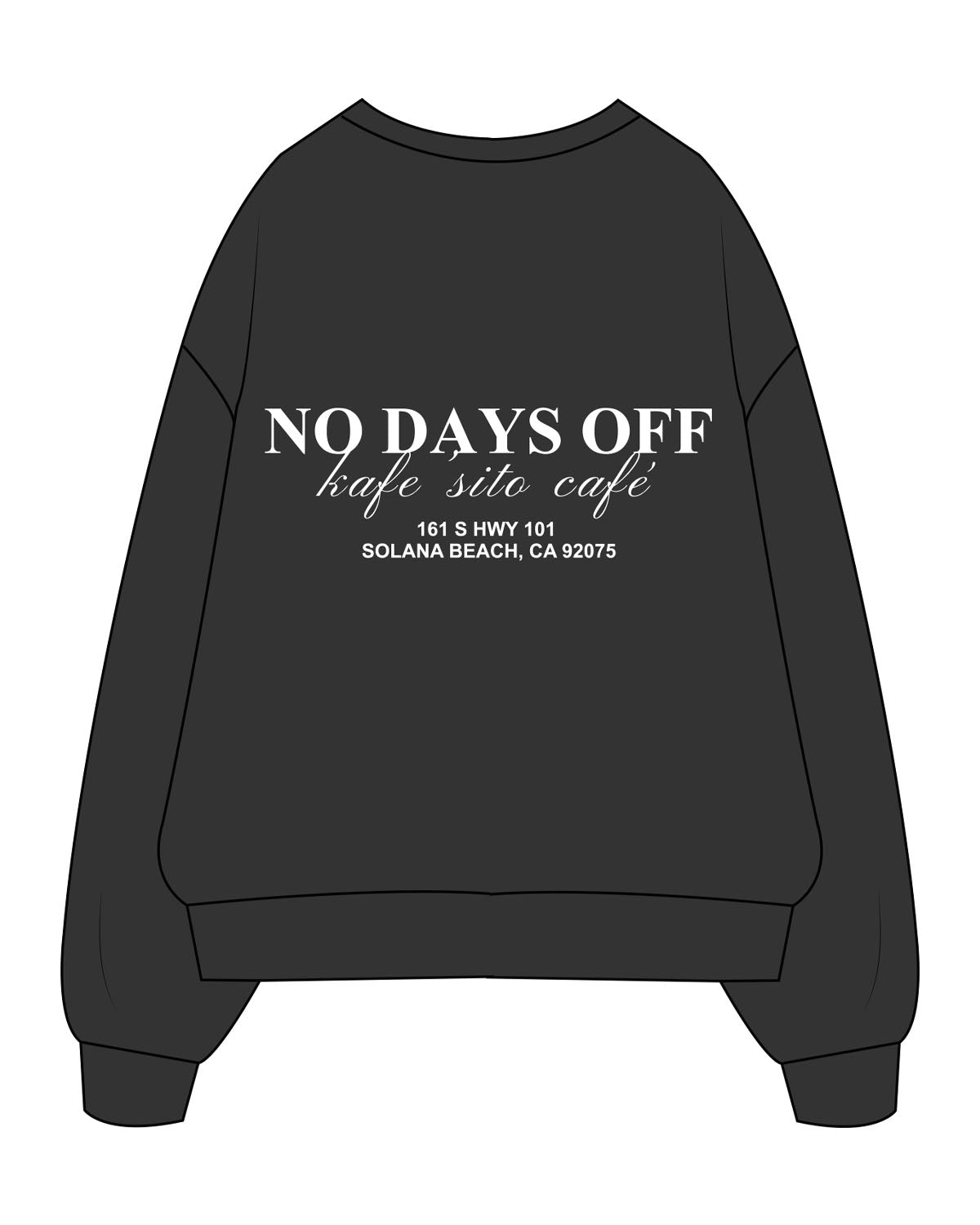 The Mens Crewneck - Washed Black - Kafe'sito - Center Chest Side & Back - Printed - White