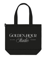 The Zipper Tote Bag - Black - Golden Hour Pilates - Front Stacked - Printed - White