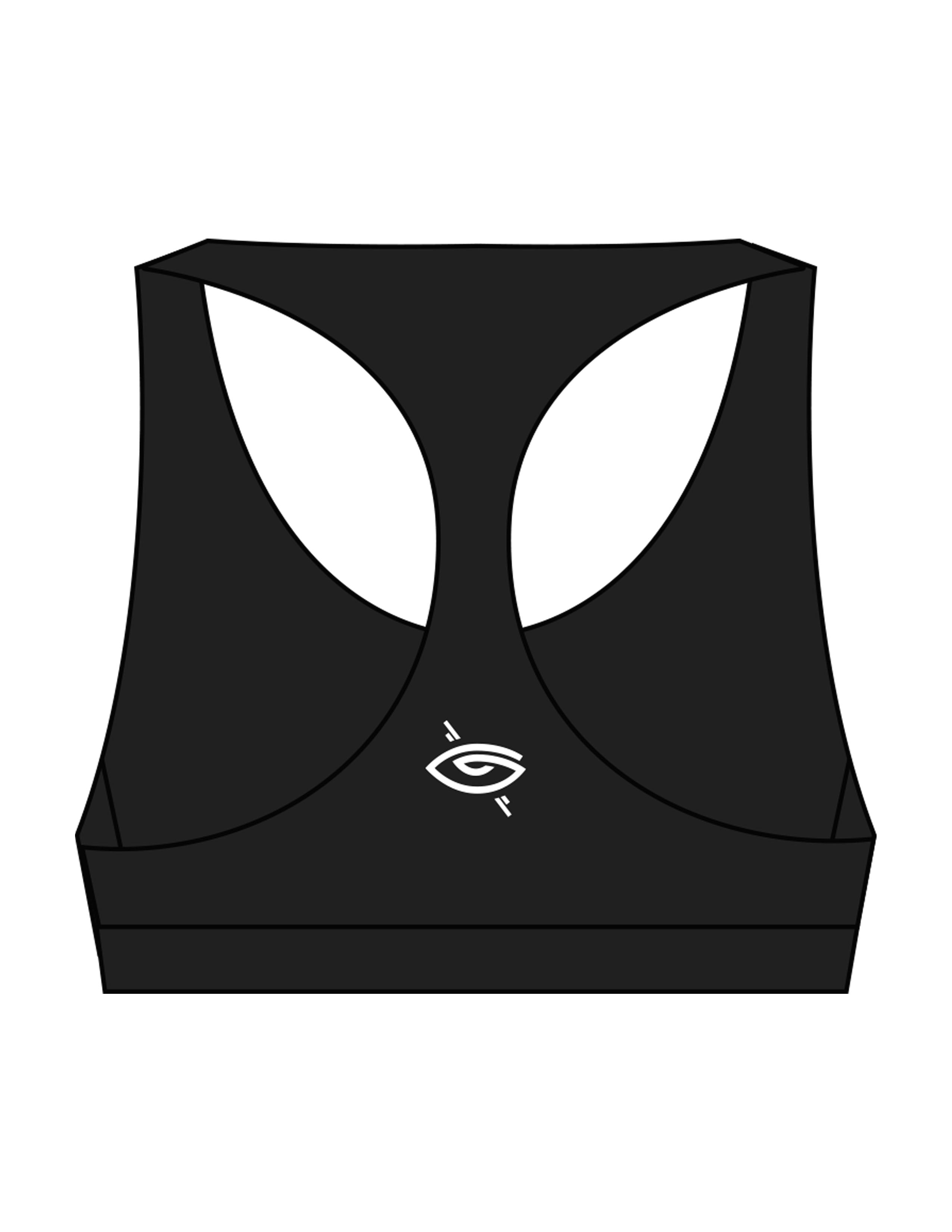 The Racer Bra - Black - Higher Ground - Center Back Eye Icon - Printed - White