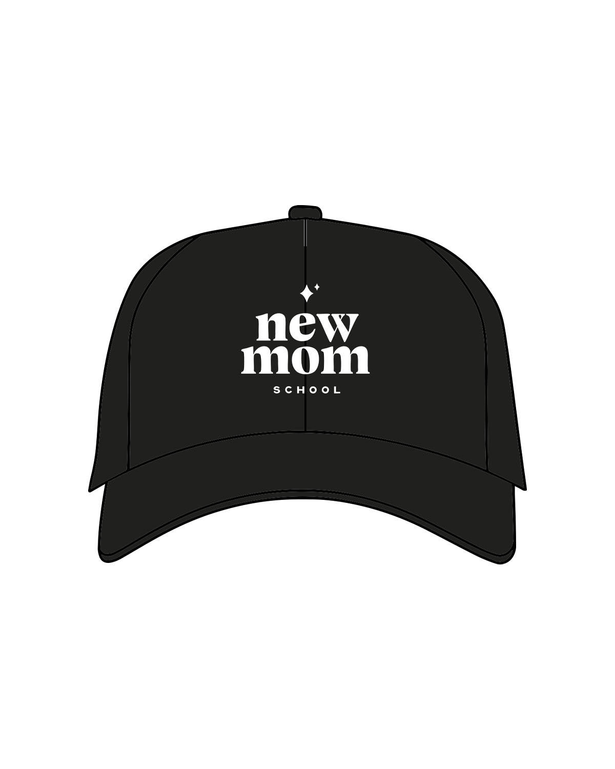The Dad Hat - Black - New Mom School - Center Crown Stacked Logo "NEW MOM" - Embroidered - White