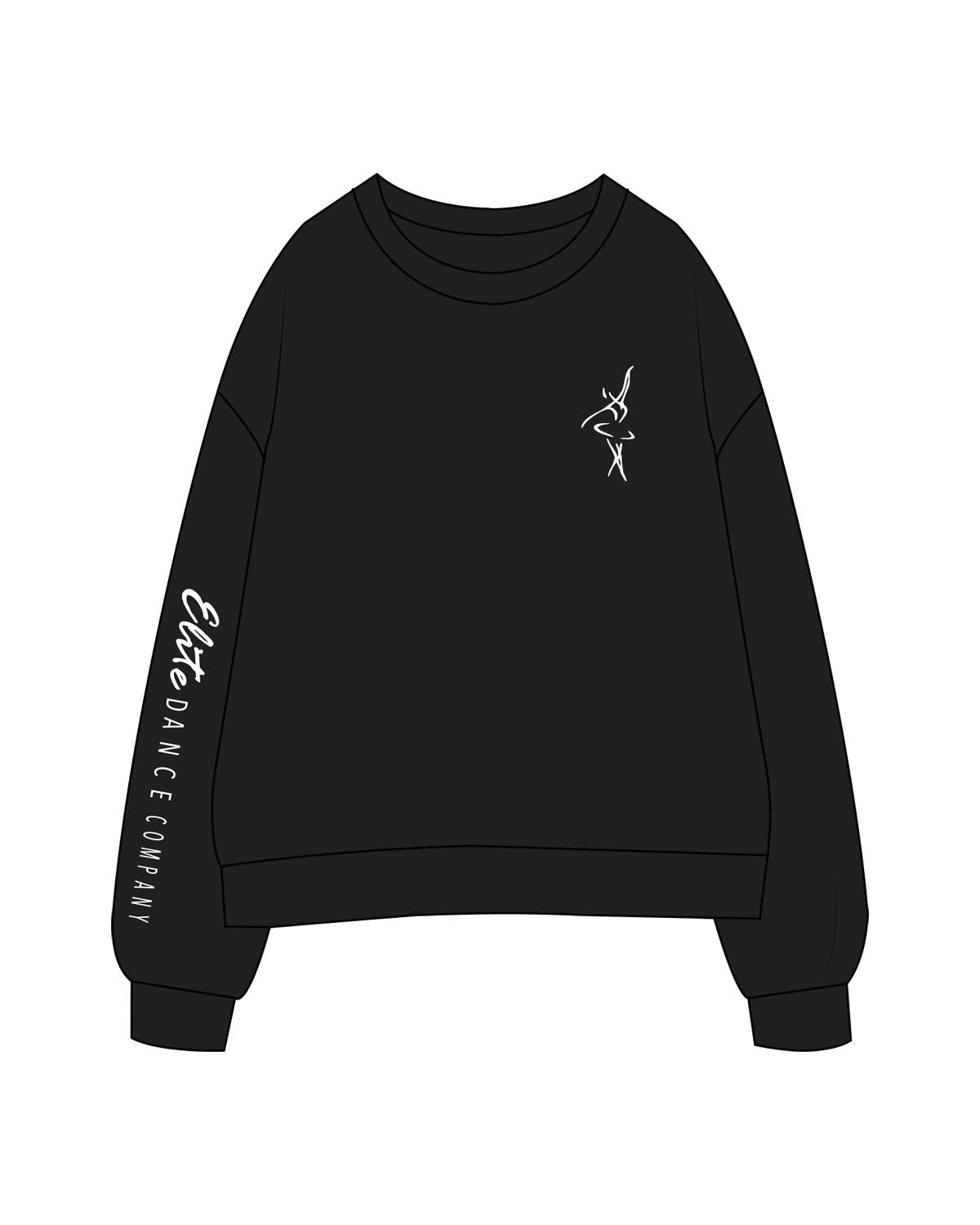 The Womens Crewneck - Black - Elite Dance Academy - Left Chest & Right Sleeve - Printed - White