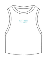 The Ribbed Crop Tank - White - BLISSMODE FITNESS - Center Chest Stacked - Embroidered - Blue