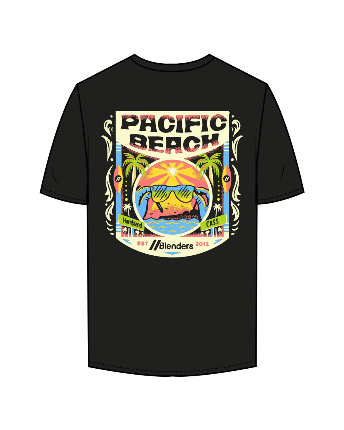 The Mens Tee - Black - Blenders - Left Chest & Back "PACIFIC BEACH" - Printed - Full Color