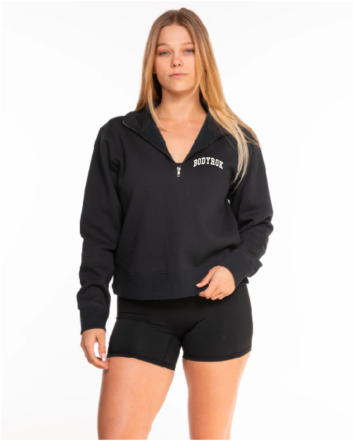 The Womens 1/4 Zip - Washed Black - BODYROK Employee - Left Chest - Cream