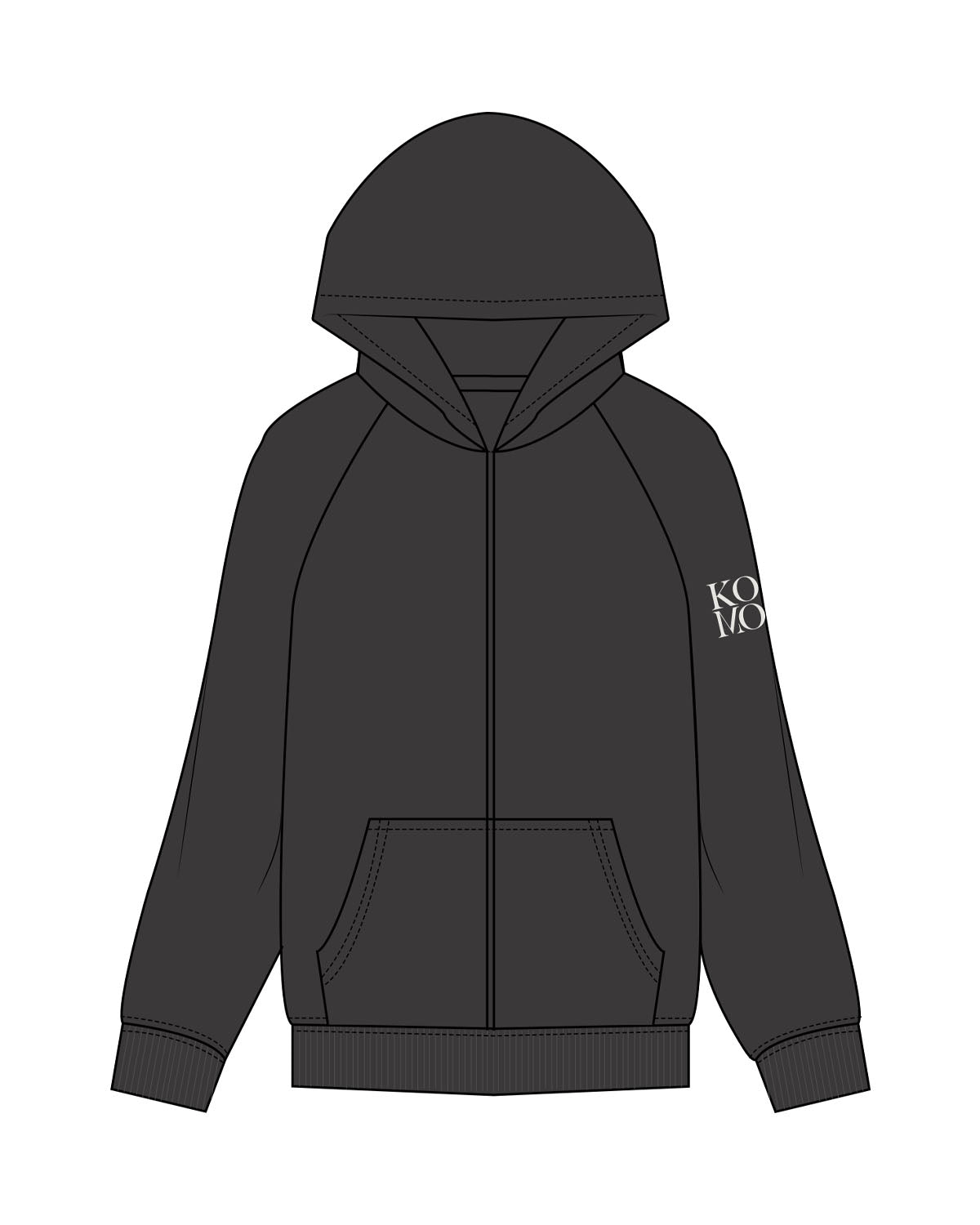 The Womens Zip Hoodie - Washed Black - Komo Studio - Left Sleeve Stacked & Back Stacked - Printed - Washed Bone