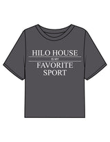 The Boxy Crop Tee - Charcoal - HiLo - Chest Stacked "HILO HOUSE" & Back Neckline Round - Printed - White