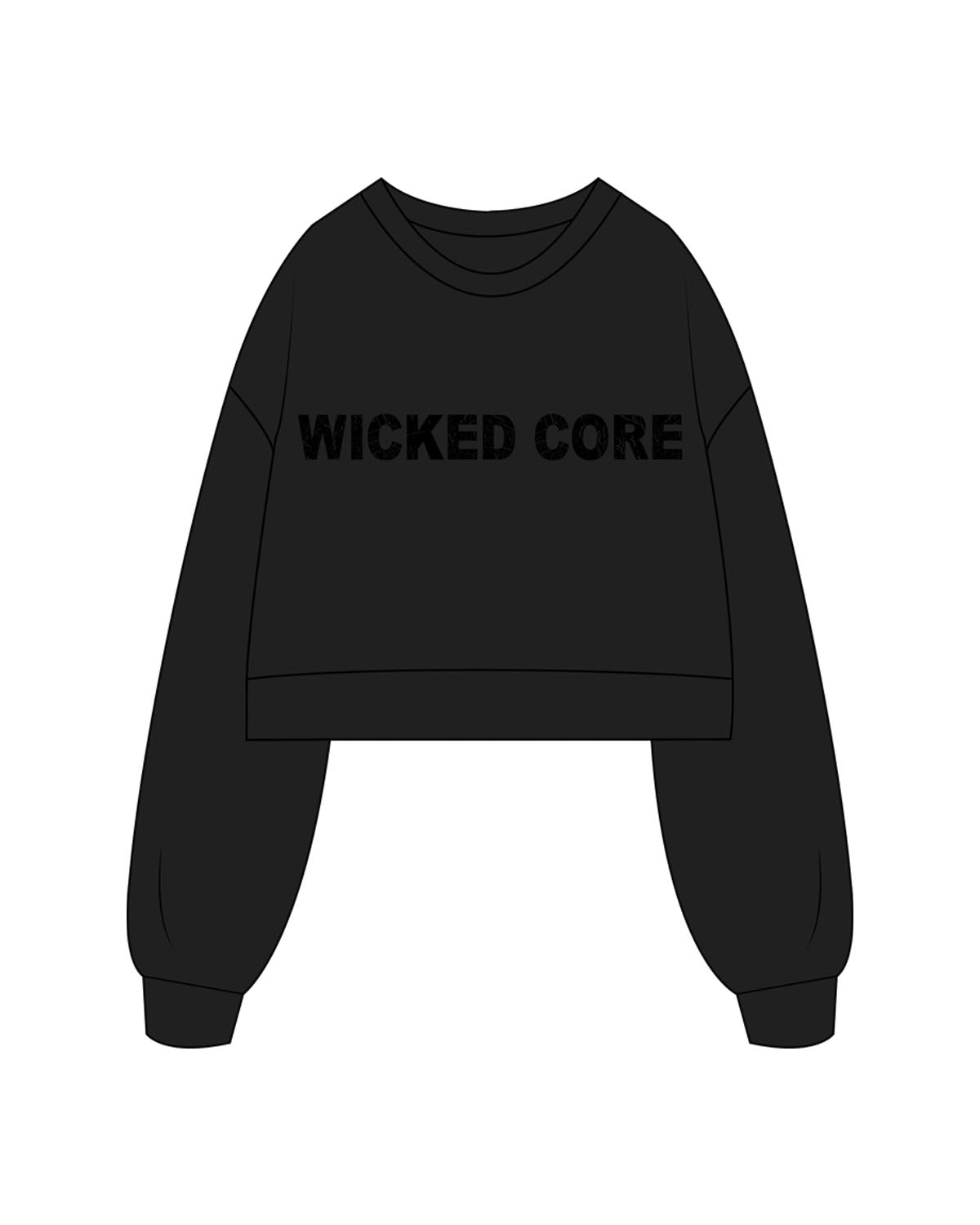 The Womens Crop Crewneck - Black - Wicked Core - Center Chest - Printed - Black