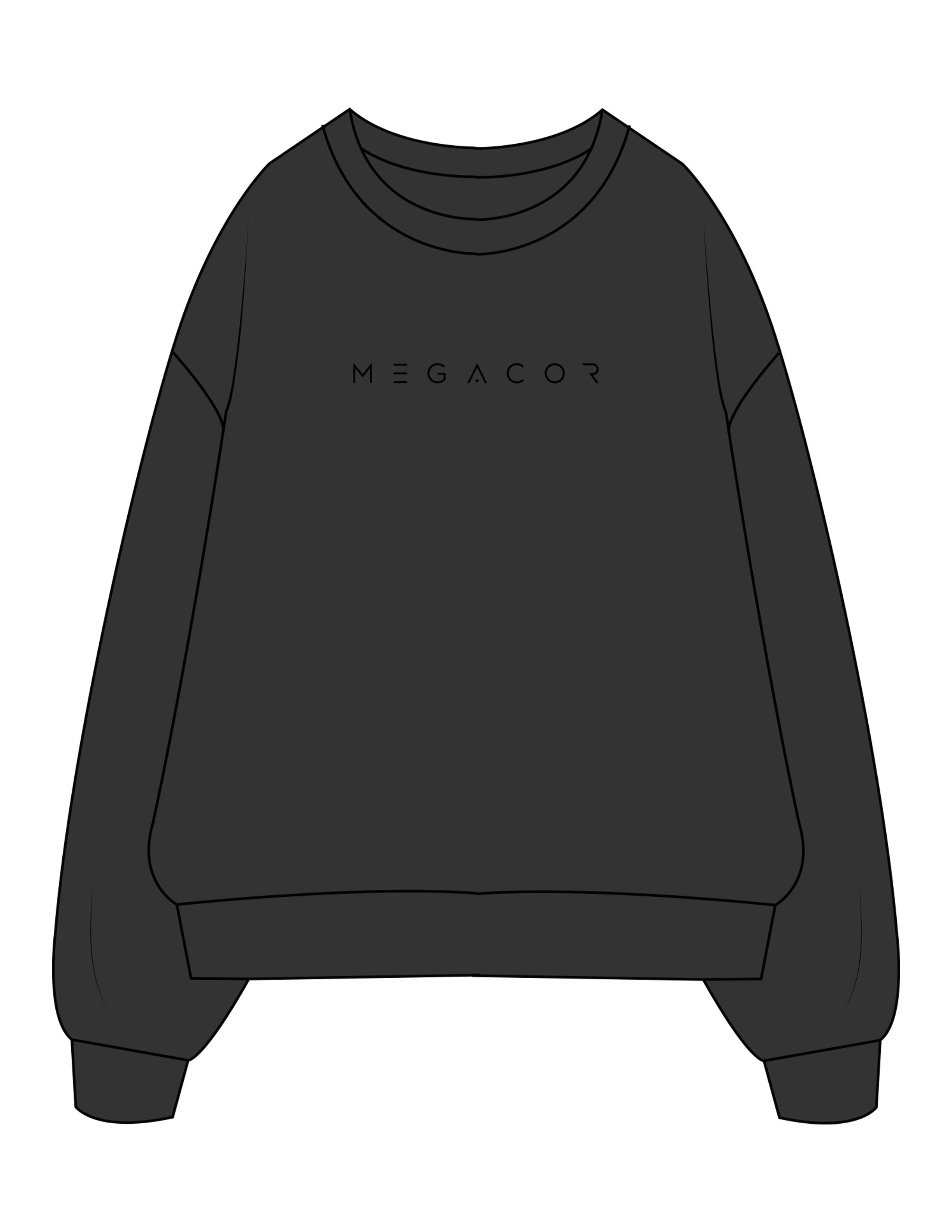 The Mens Crewneck - Washed Black - MegaCorps - Center Chest & Back Stacked - Printed - Black