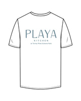 The Mens Tee - White - Playa Kitchen - Left Chest Stacked & Center Back Stacked - Printed - Light Blue