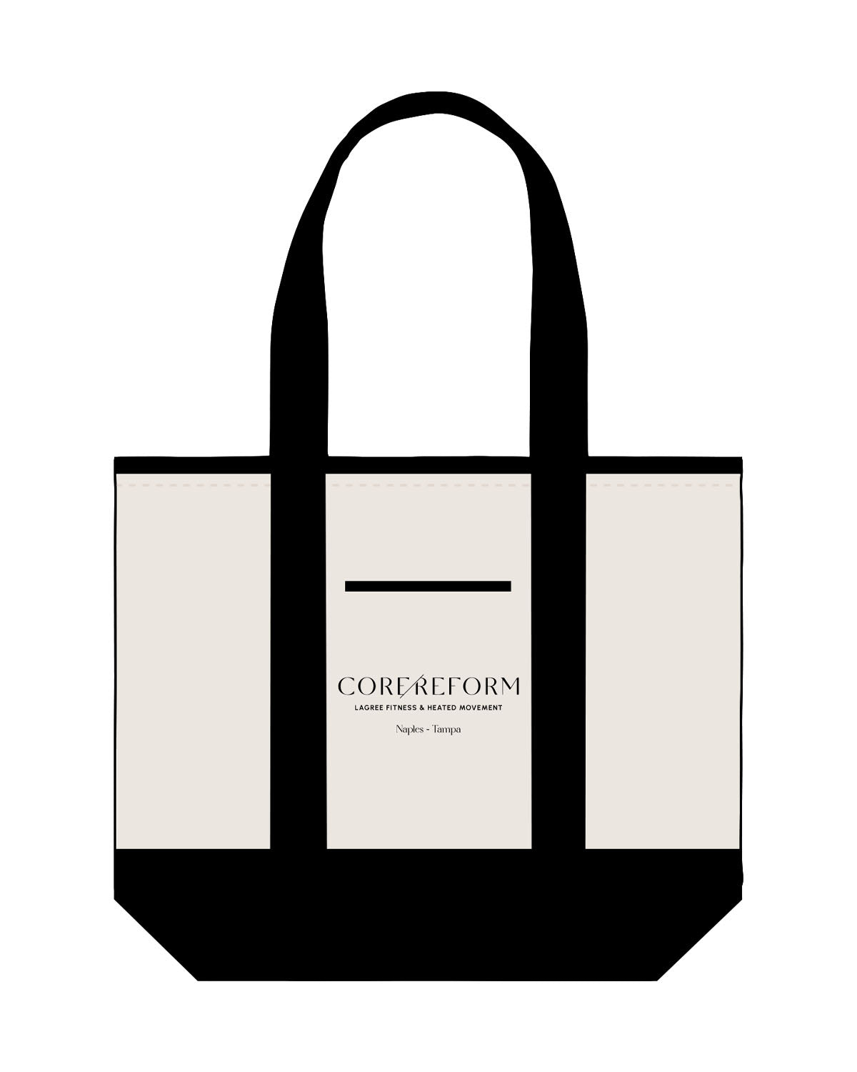 THE CONTRAST TOTE BAG - Natural / Black - CORE REFORM - Center Body Stacked - Printed - Black