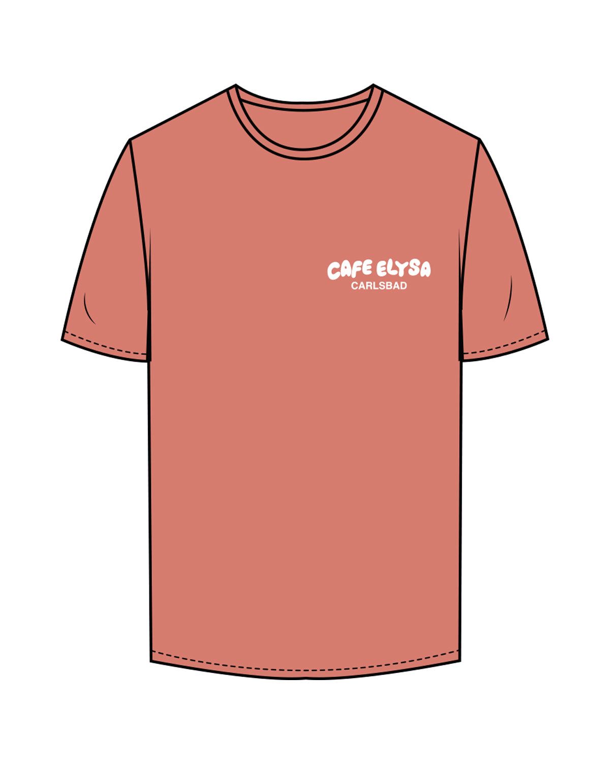 The Mens Tee - Coral - Cafe Elysa - Left Chest & Center Back - White