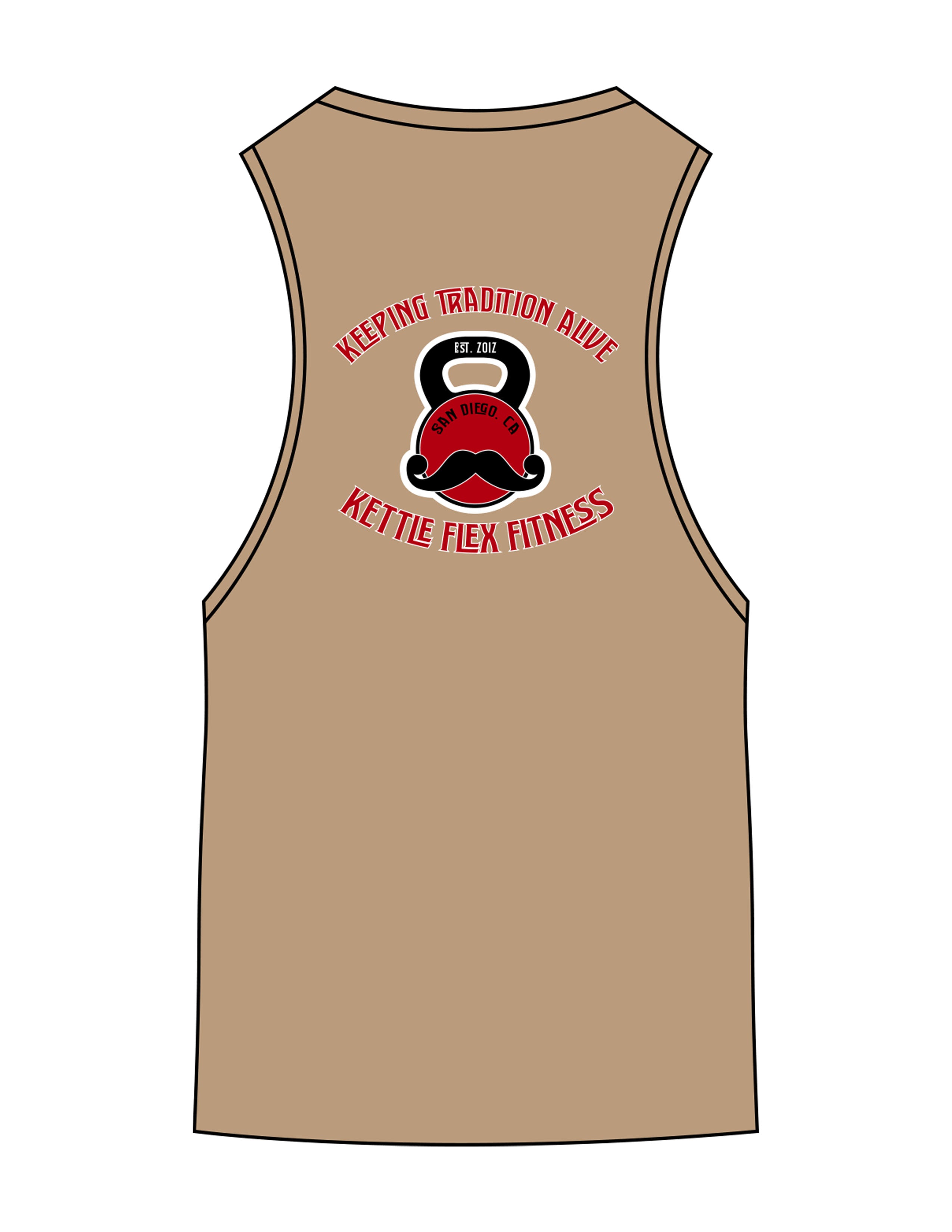 The Scoop Muscle Tank - Olive Heather - KettleFlex - Center Chest & Back Stacked - Printed - Full Color