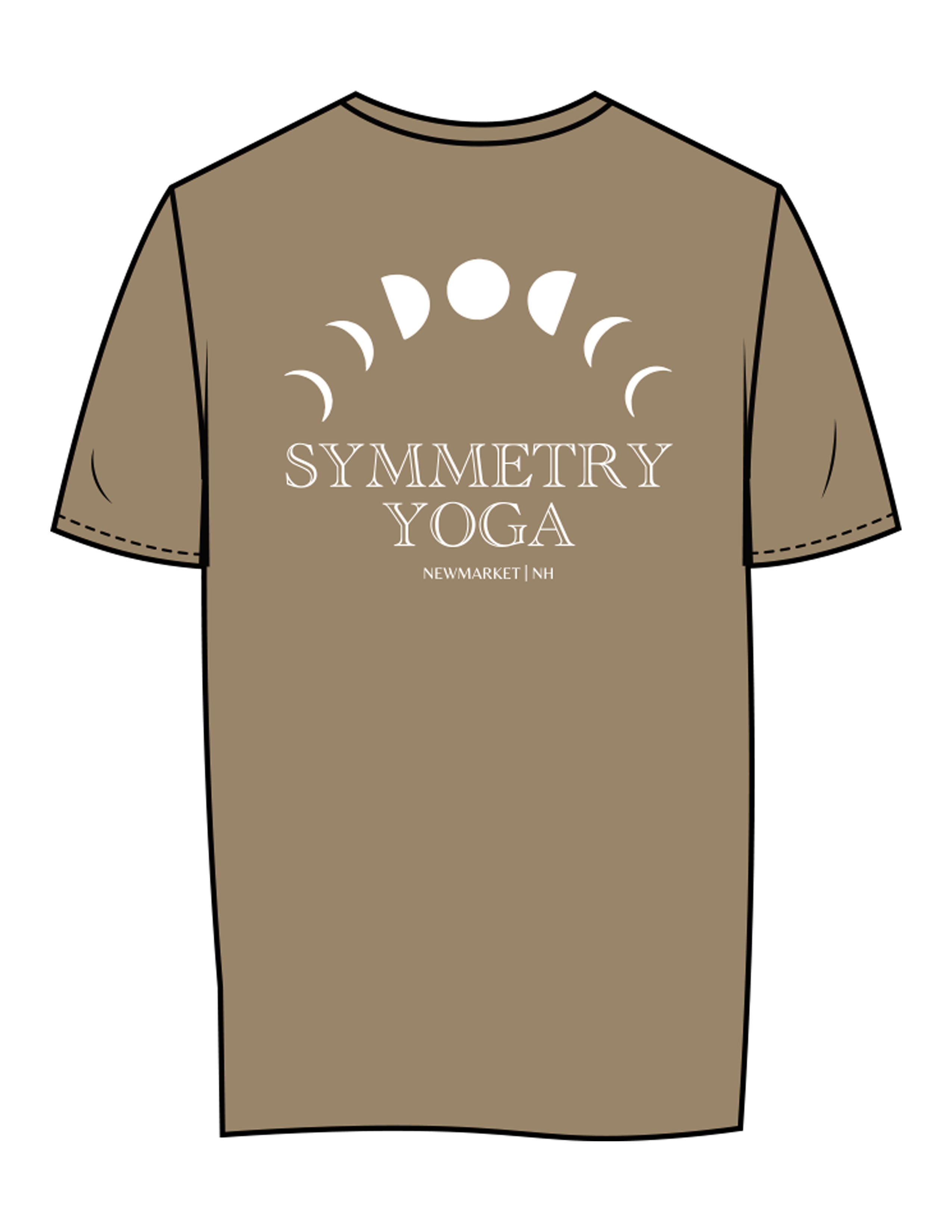 The Womens Tee - Sand - Symmetry Yoga - Left Chest & Back Stacked - Printed - White