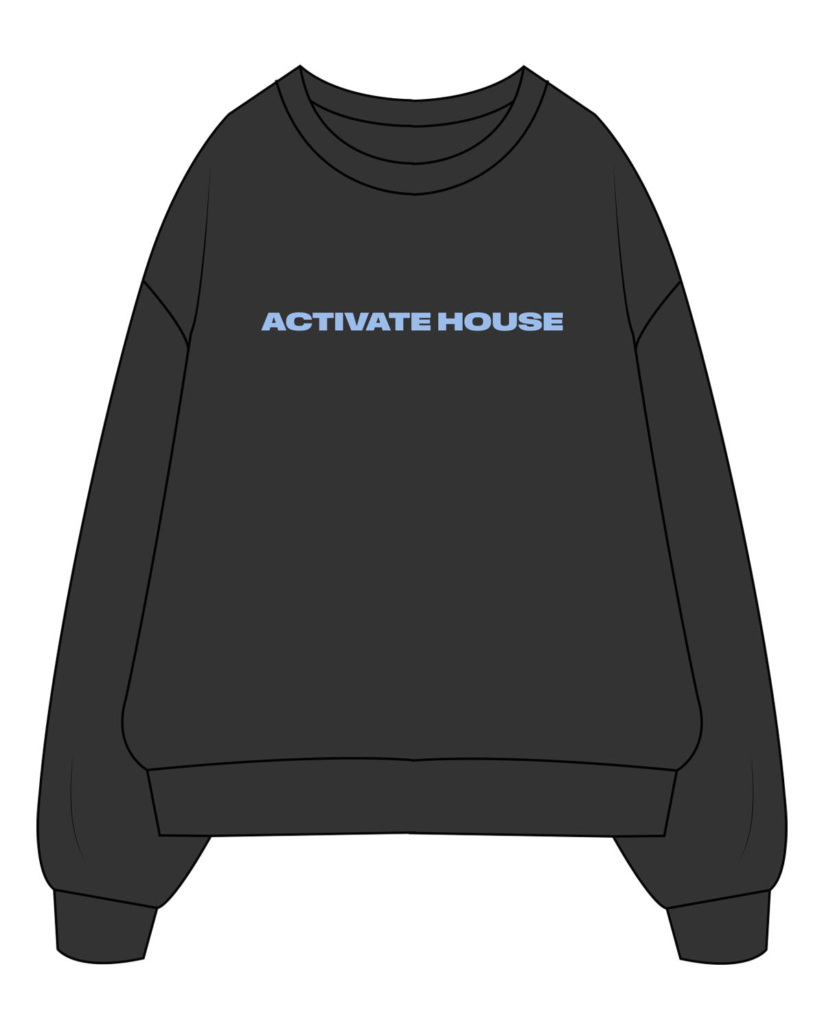 The Mens Crewneck - Washed Black - Activate House - Center Chest - Printed - Blue
