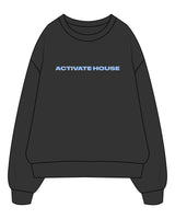 The Mens Crewneck - Washed Black - Activate House - Center Chest - Printed - Blue