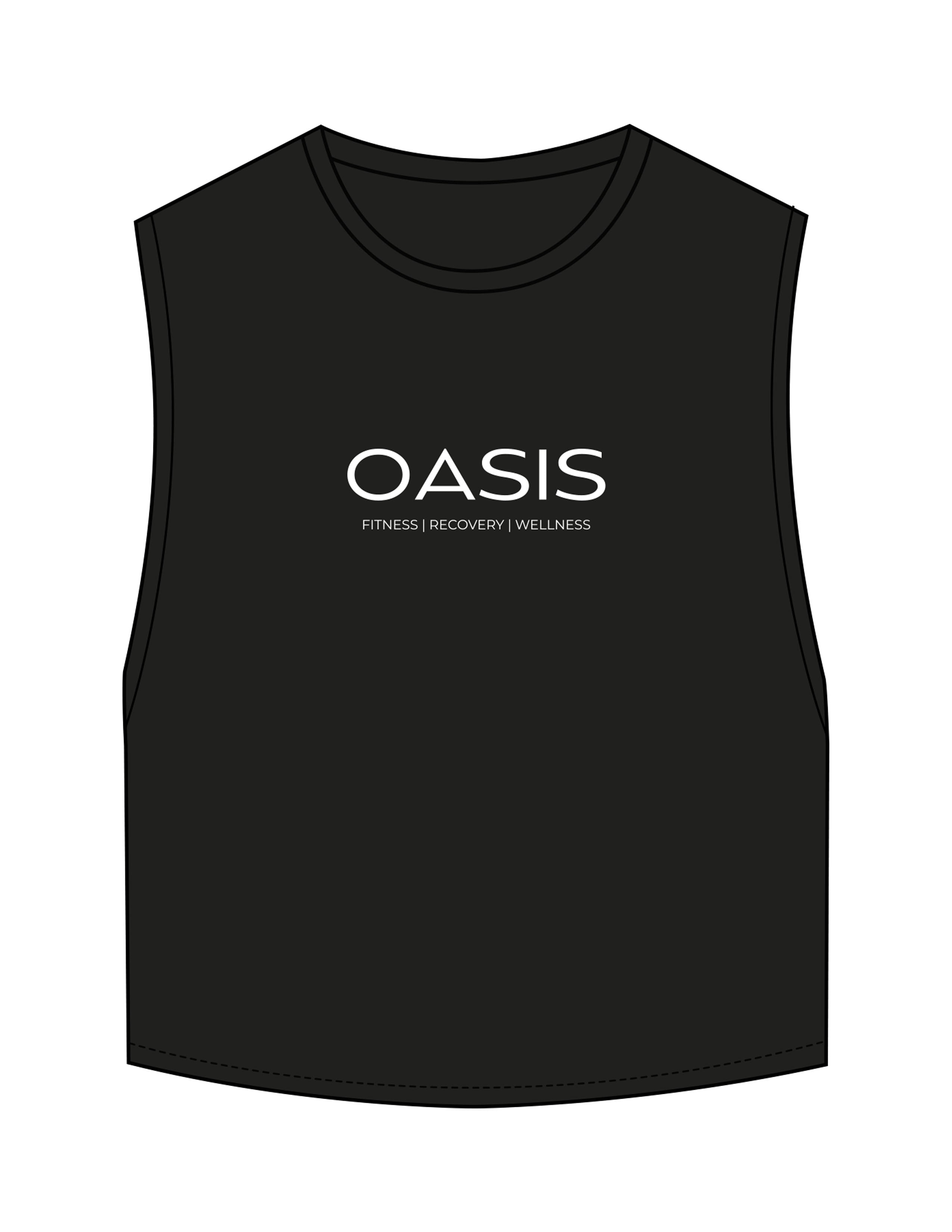 The Crop Muscle Tank - Black - OCWC - Center Chest Stacked - Printed - White