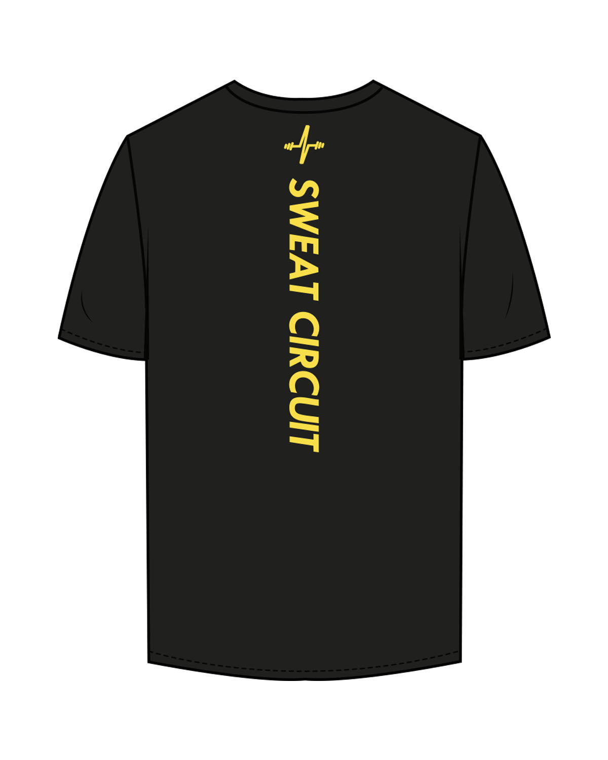 The Mens Tee - Black - Sweat Circuit - Left Chest - Back Vertical - Printed - Yellow