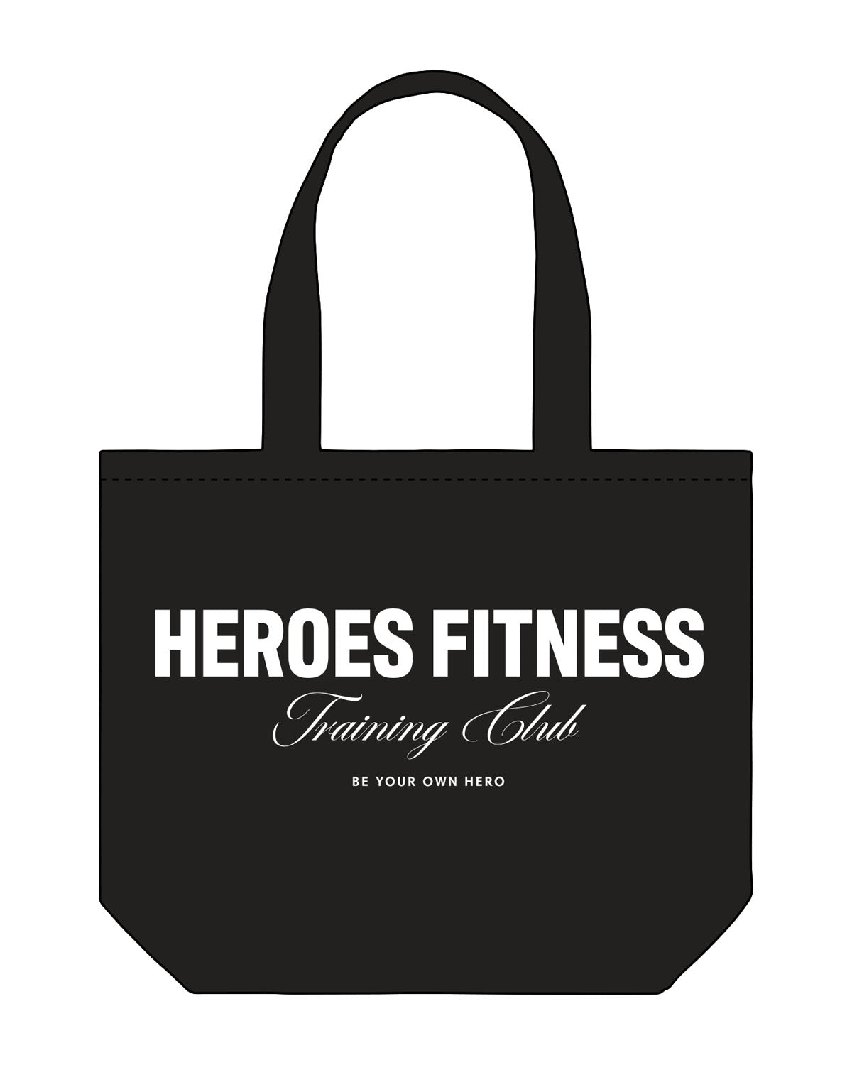 The Tote Bag - Black - Heroes Fitness - Center Body Stacked - Printed - White