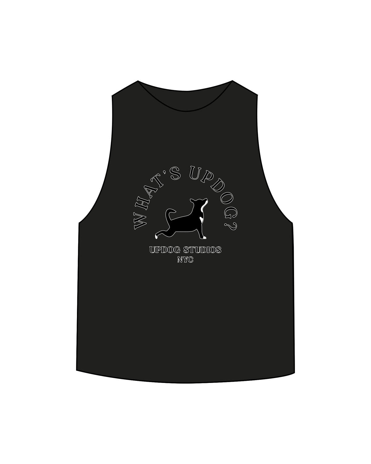 The Crop Muscle Racerback - Black - Updog Yoga - Center Chest - Printed - Full Color