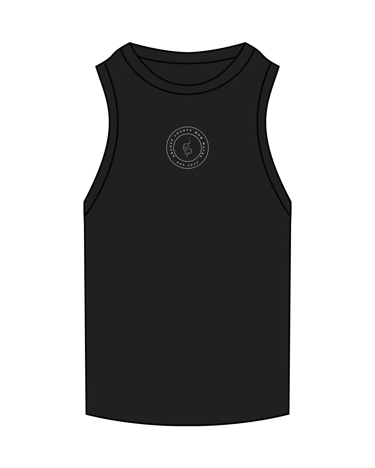 The Ribbed Full Length Tank - Black - SD Mom Walks - Center Chest " ORANGE COUNTY " - Embroidered - White