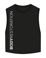 The Crop Muscle Tank - Black - Body Restoration - Front Right Stacked & Back Center Neckline - Printed - White