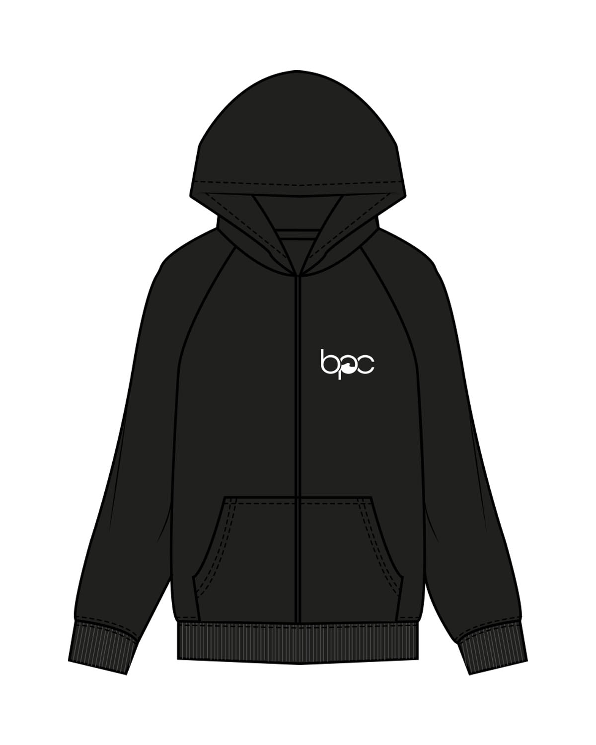 The Mens Zip Hoodie - Black - Baxter Pacific - Left Chest & Back Stacked - Printed - White