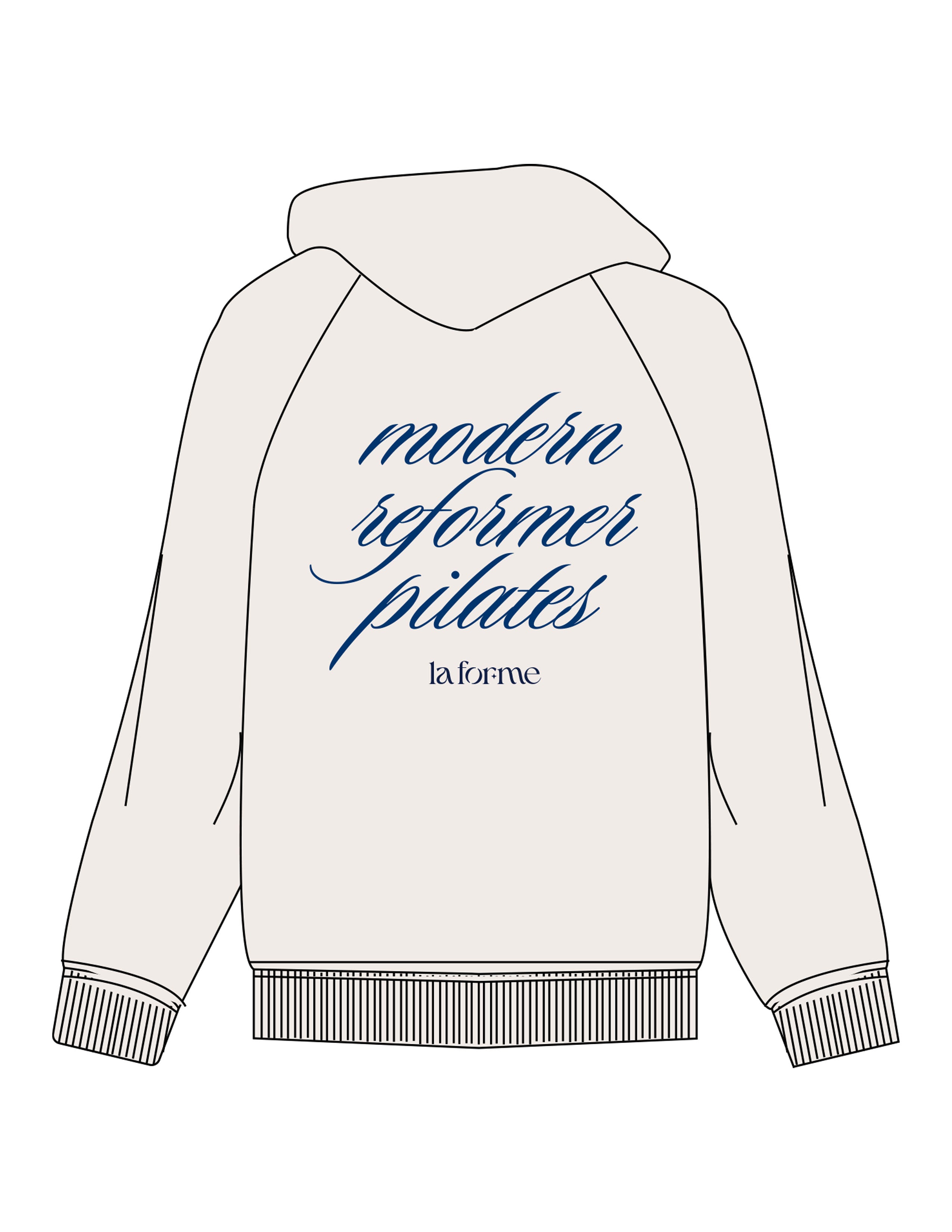 The Mens Classic Hoodie - Off White - LA FORME PILATES - Front Upper Pocket & Back Stacked - Printed - Full Color