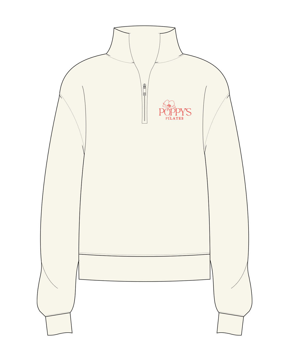 The Womens 1/4 Zip - Off White - Poppys Pilates - Left Chest Stacked Logo - Embroidered - Red