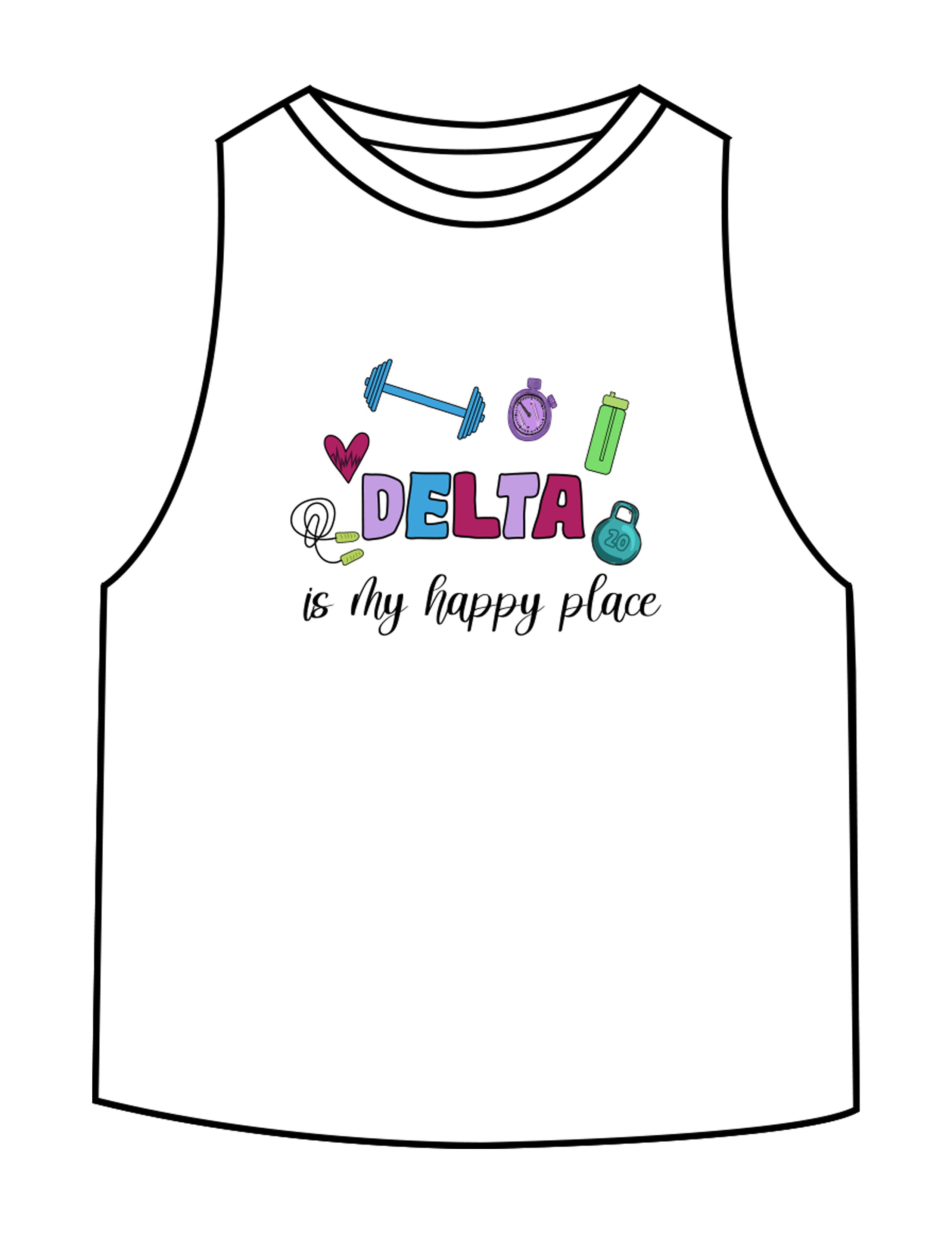 The Crop Muscle Racerback - White - Delta Fitness - Chest Stacked "DELTA" & Back Icon - Printed - Full Color
