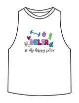 The Crop Muscle Racerback - White - Delta Fitness - Chest Stacked "DELTA" & Back Icon - Printed - Full Color