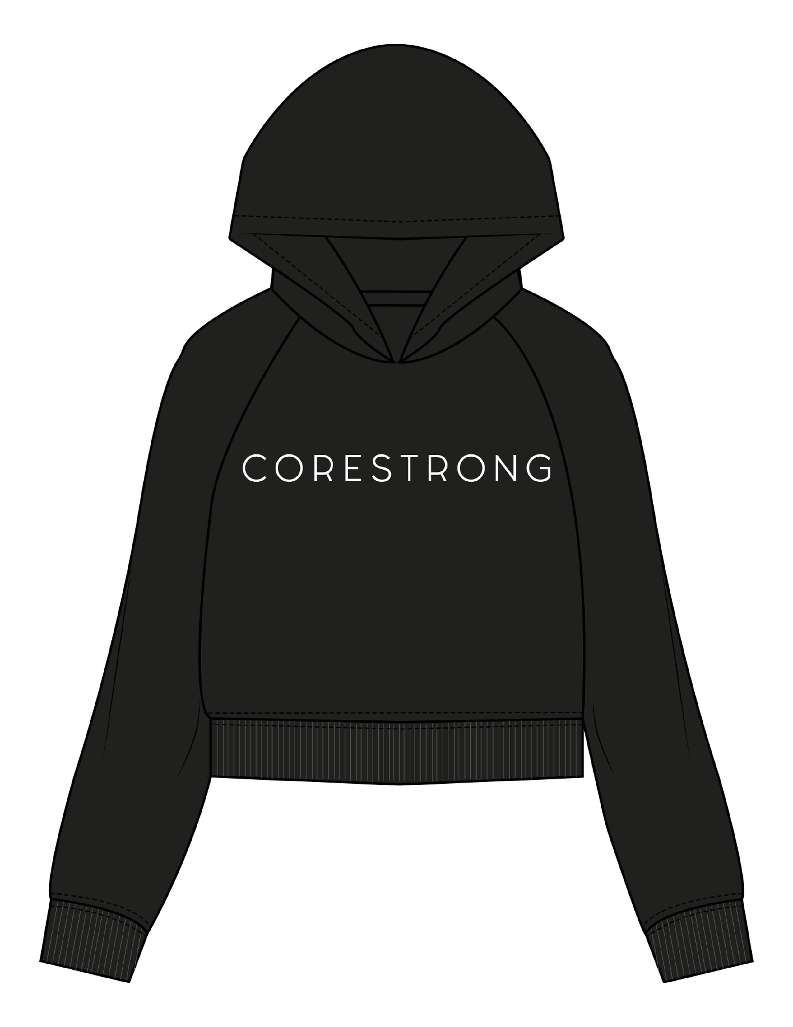 The Womens Crop Hoodie - Black - Core Strong - Center Chest - Printed - White