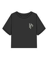 The Heavyweight Crop Tee - Washed Black - Pose Pilates - Left Chest - Back Round Stacked - Washed Bone Printed
