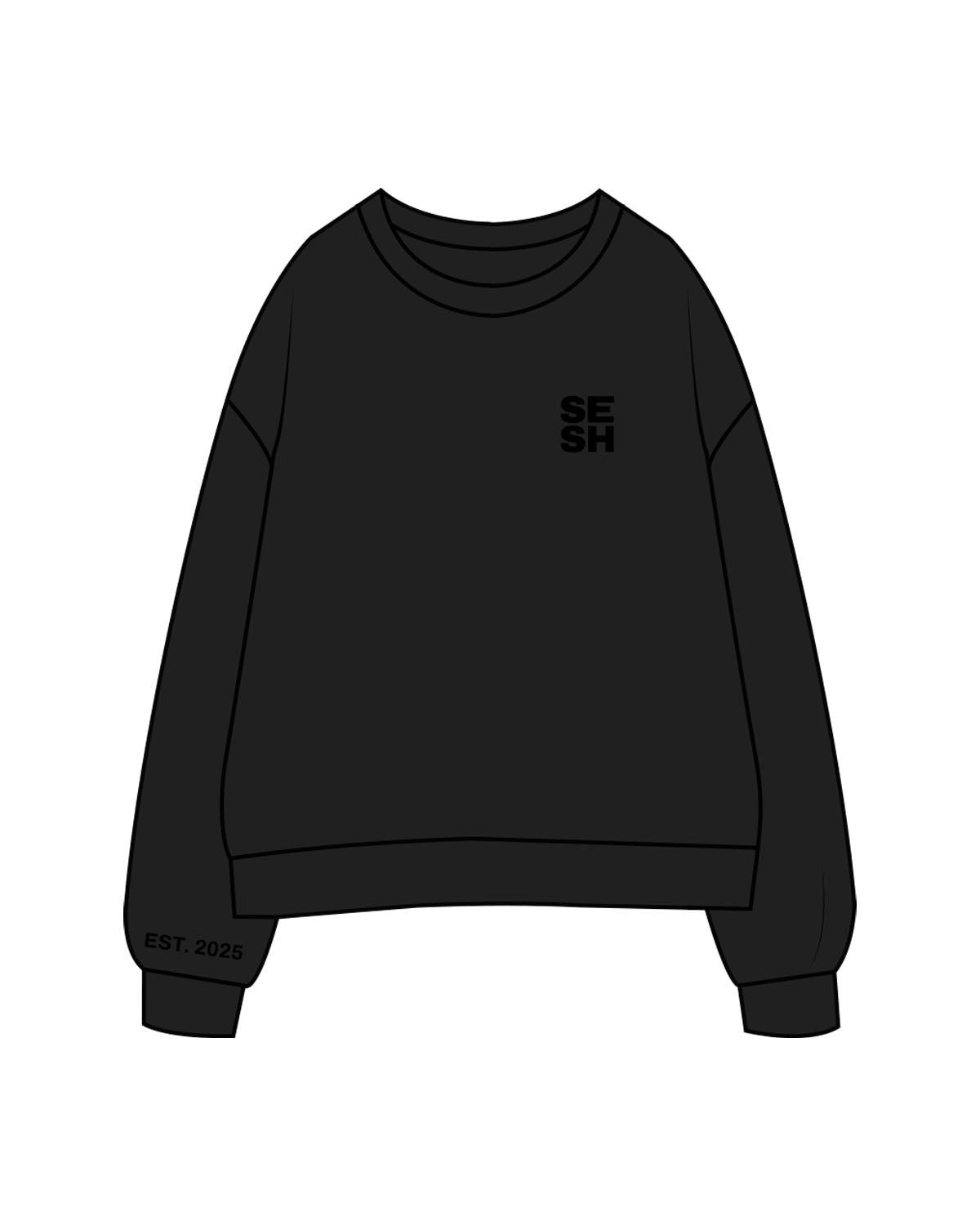 The Mens Crewneck - Black - Sesh Studio - Left Chest , Right Sleeve & Center Back Stacked - Printed - Tone on Tone