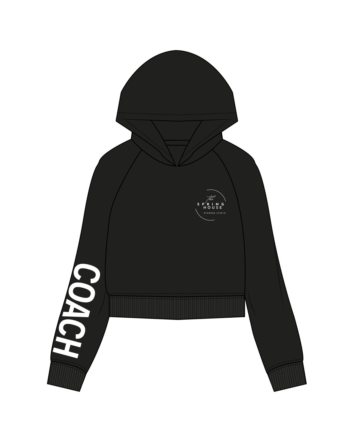 The Womens Crop Hoodie - Black - Spring House - Left Chest & Right Sleeve - Printed - White