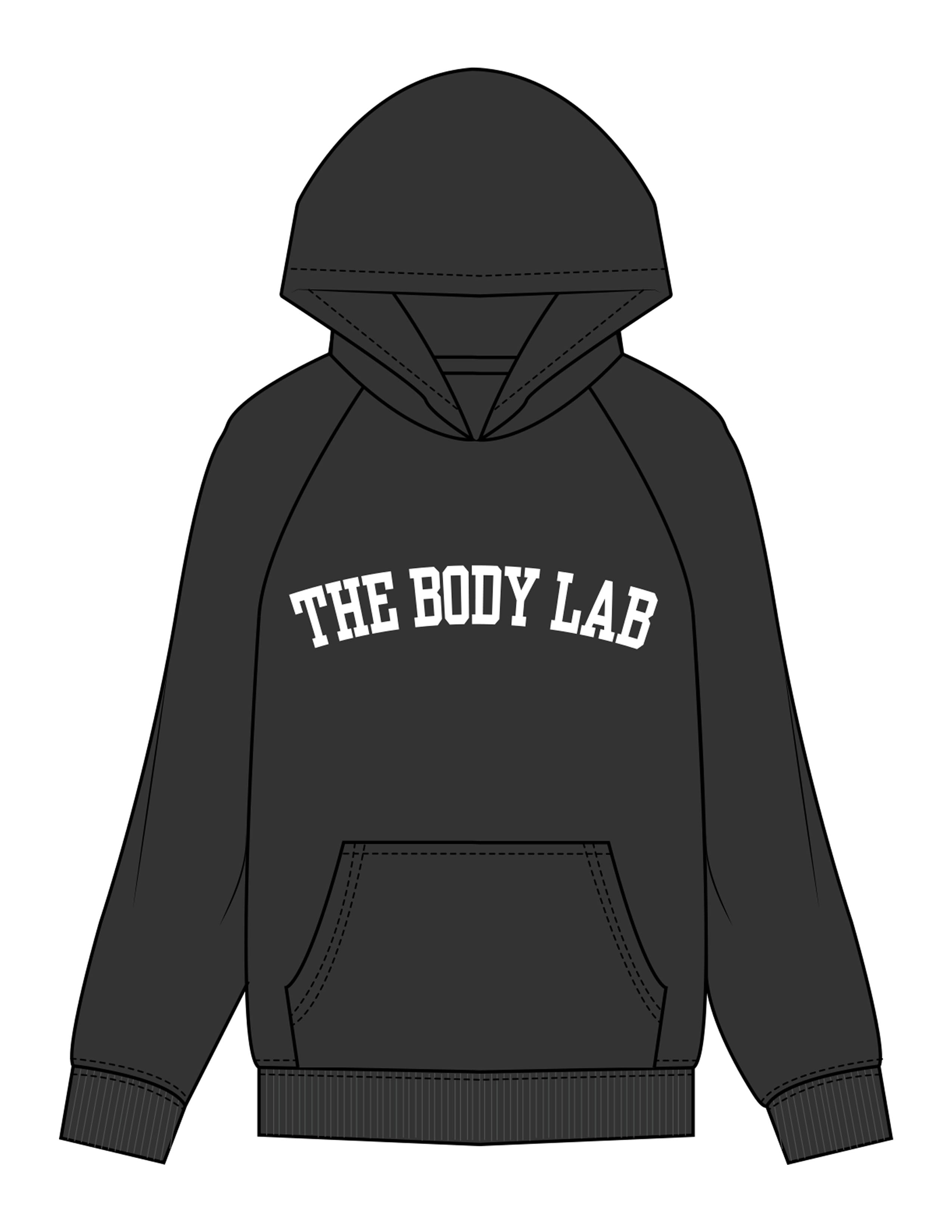 The Womens Hoodie - Washed Black - Body Lab - Center Chest Arc - Printed - White