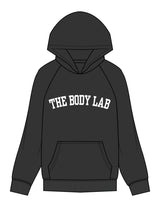 The Womens Hoodie - Washed Black - Body Lab - Center Chest Arc - Printed - White