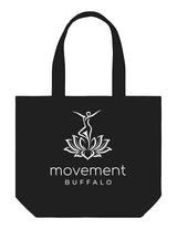 The Tote Bag - Black - Movement Pilates Buffalo - Center Body "LOTUS" - Printed - White